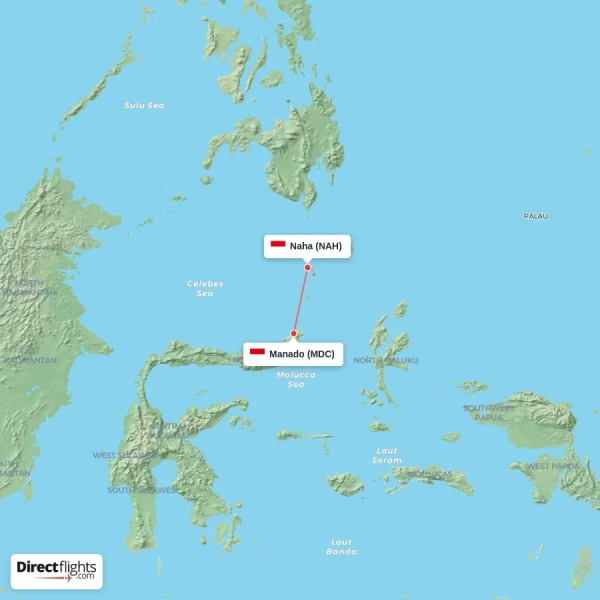 Manado - Naha direct flight map