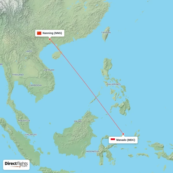 Manado - Nanning direct flight map