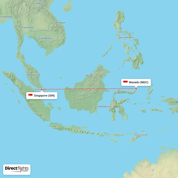 Manado - Singapore direct flight map