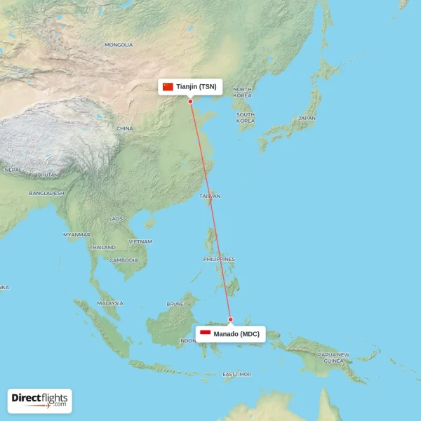 Manado - Tianjin direct flight map