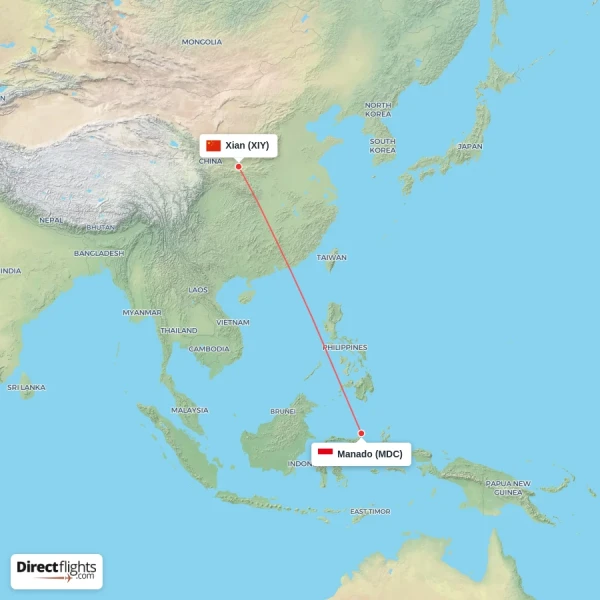 Manado - Xian direct flight map