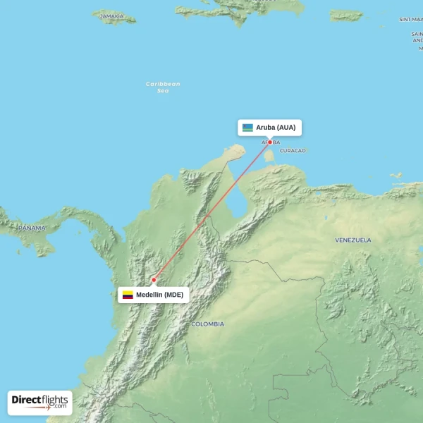 Medellin - Aruba direct flight map