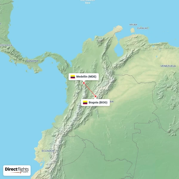 Medellin - Bogota direct flight map