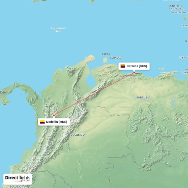 Medellin - Caracas direct flight map