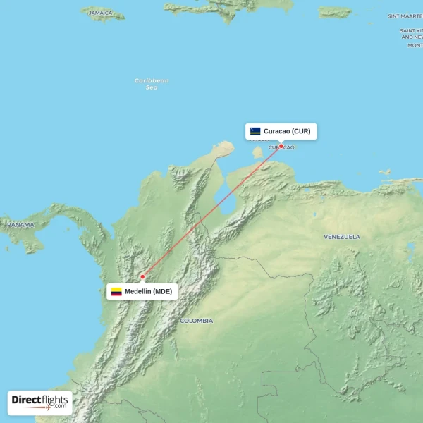 Medellin - Curacao direct flight map