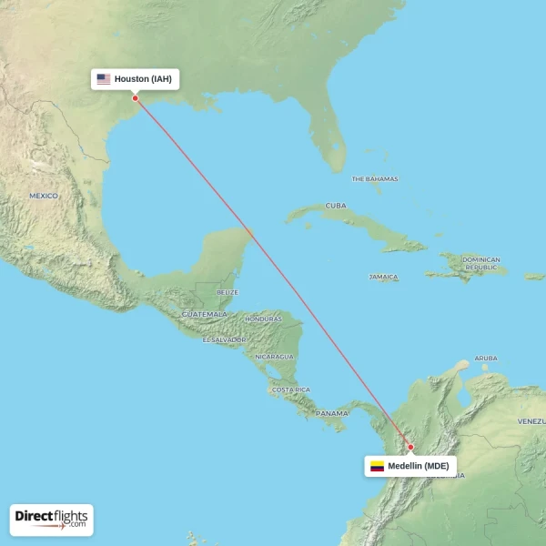 Medellin - Houston direct flight map