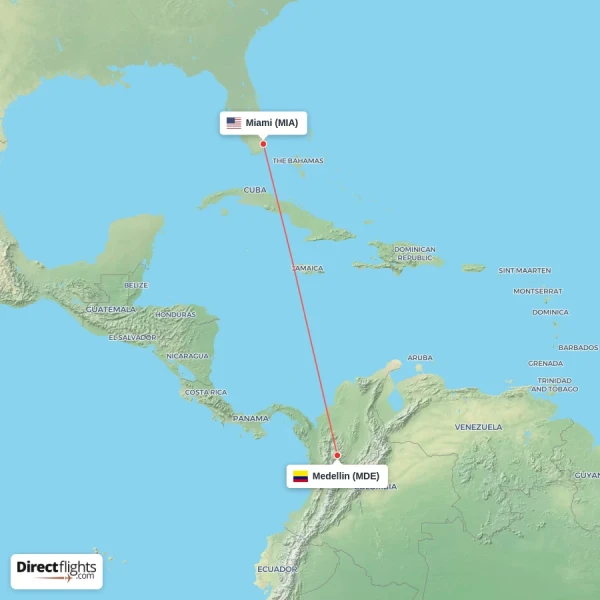 Medellin - Miami direct flight map