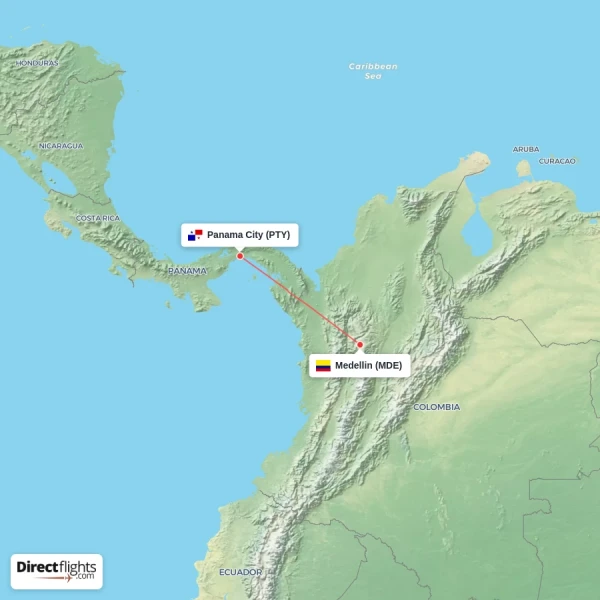 Medellin - Panama City direct flight map