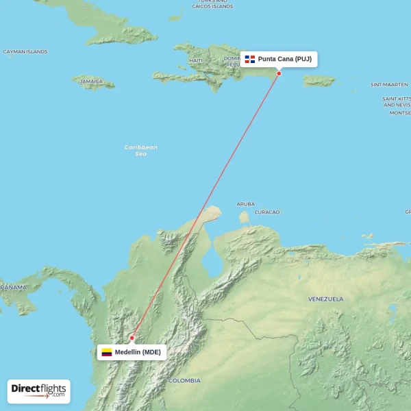 Medellin - Punta Cana direct flight map