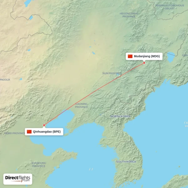Mudanjiang - Qinhuangdao direct flight map