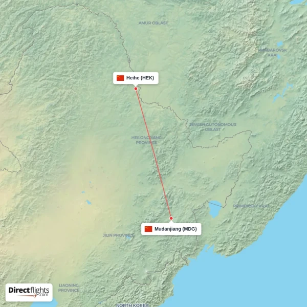 Mudanjiang - Heihe direct flight map