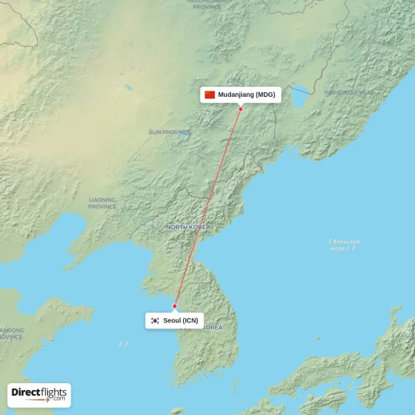 Mudanjiang - Seoul direct flight map