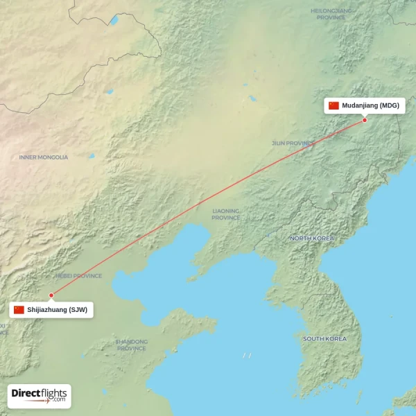 Mudanjiang - Shijiazhuang direct flight map