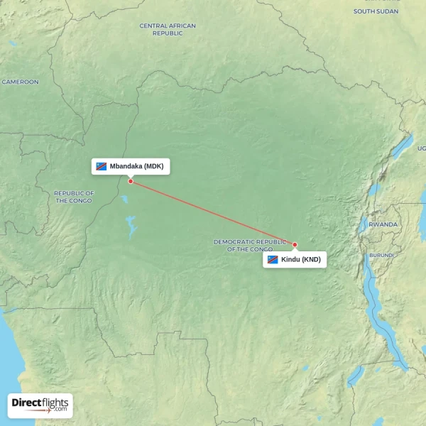 Mbandaka - Kindu direct flight map