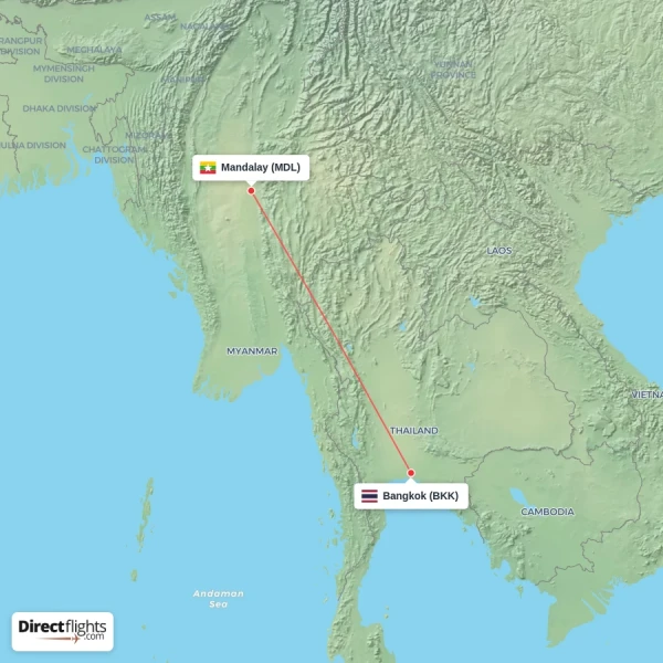 Mandalay - Bangkok direct flight map