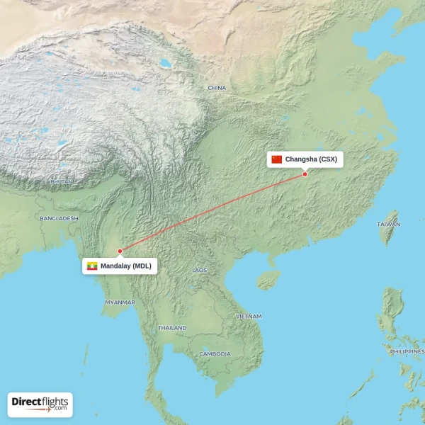 Mandalay - Changsha direct flight map