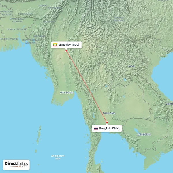 Mandalay - Bangkok direct flight map