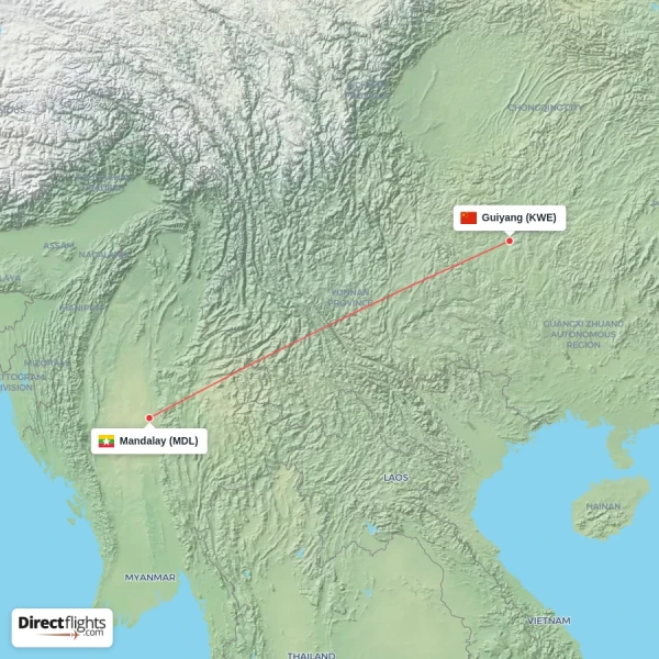 Mandalay - Guiyang direct flight map