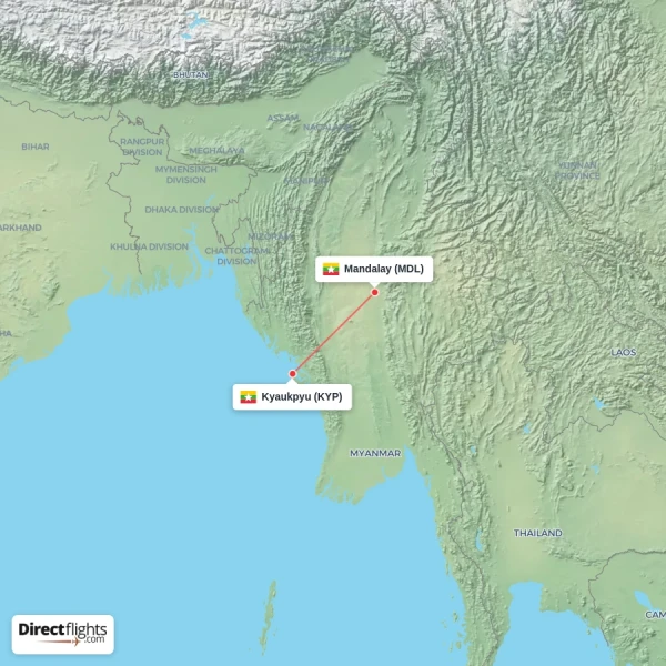 Mandalay - Kyaukpyu direct flight map