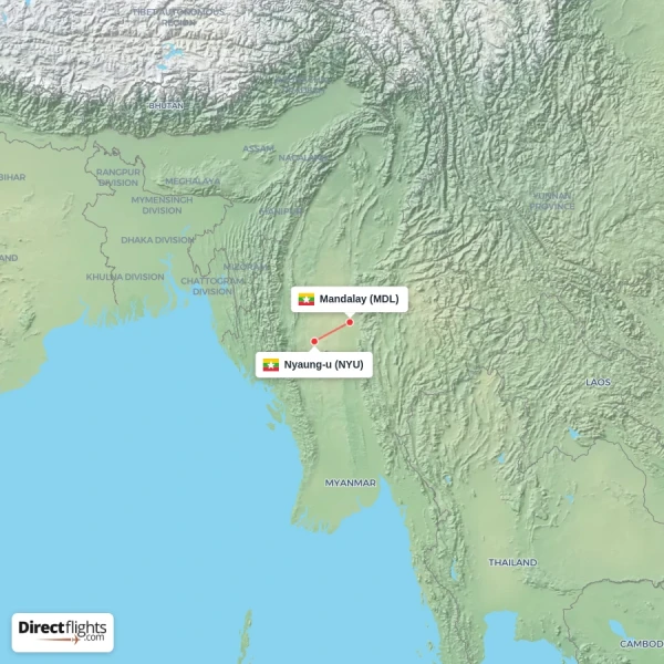 Mandalay - Nyaung-u direct flight map