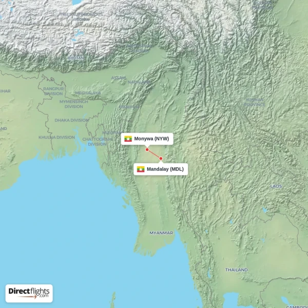 Mandalay - Monywa direct flight map
