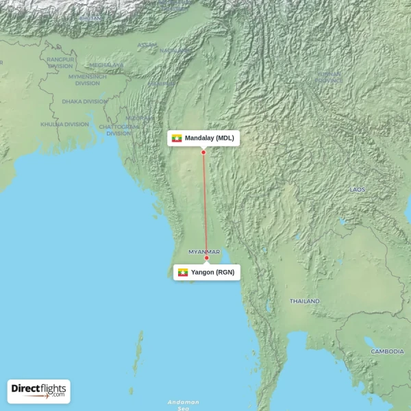 Mandalay - Yangon direct flight map