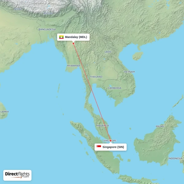 Mandalay - Singapore direct flight map