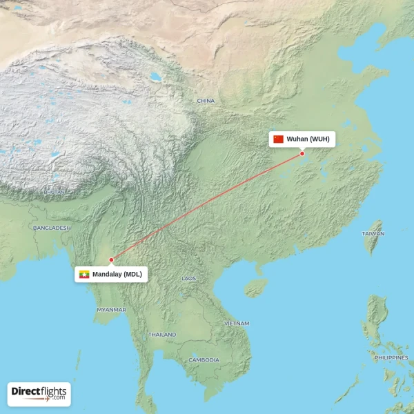 Mandalay - Wuhan direct flight map
