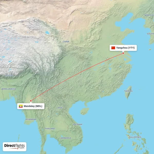 Mandalay - Yangzhou direct flight map