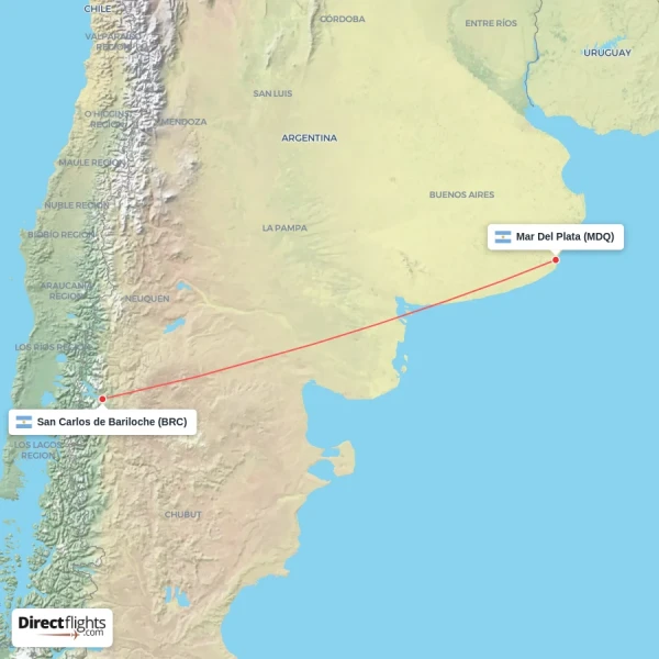 Mar Del Plata - San Carlos de Bariloche direct flight map