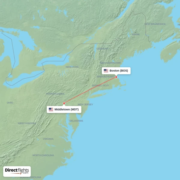 Middletown - Boston direct flight map
