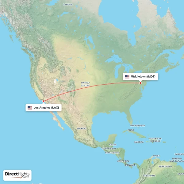 Middletown - Los Angeles direct flight map