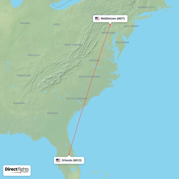 Middletown - Orlando direct flight map