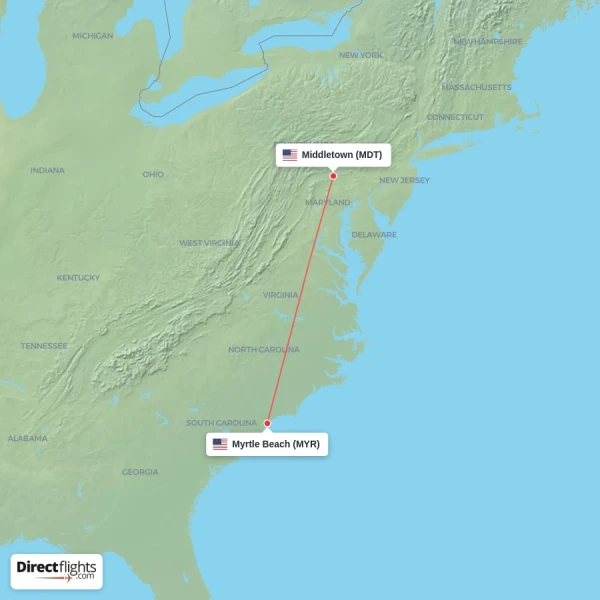 Middletown - Myrtle Beach direct flight map