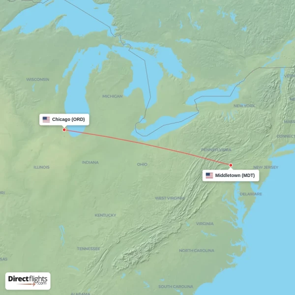 Middletown - Chicago direct flight map