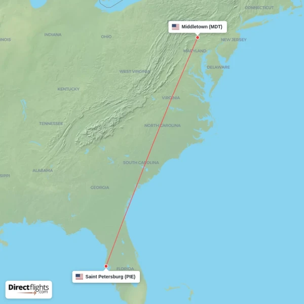 Middletown - Saint Petersburg direct flight map