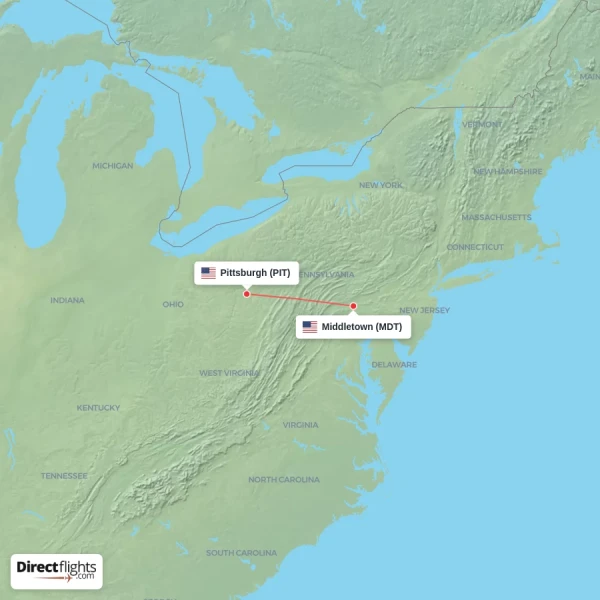Middletown - Pittsburgh direct flight map