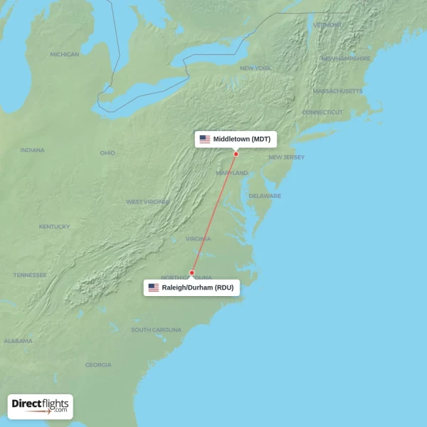 Middletown - Raleigh/Durham direct flight map