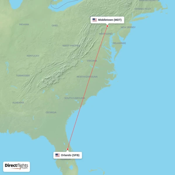 Middletown - Orlando direct flight map