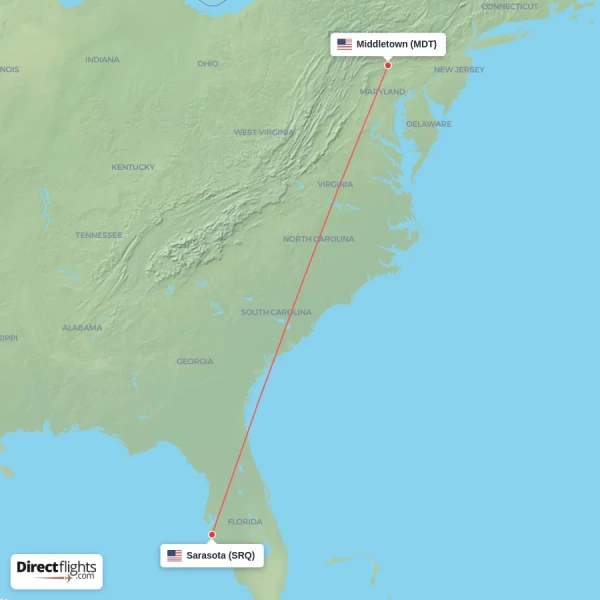 Middletown - Sarasota direct flight map