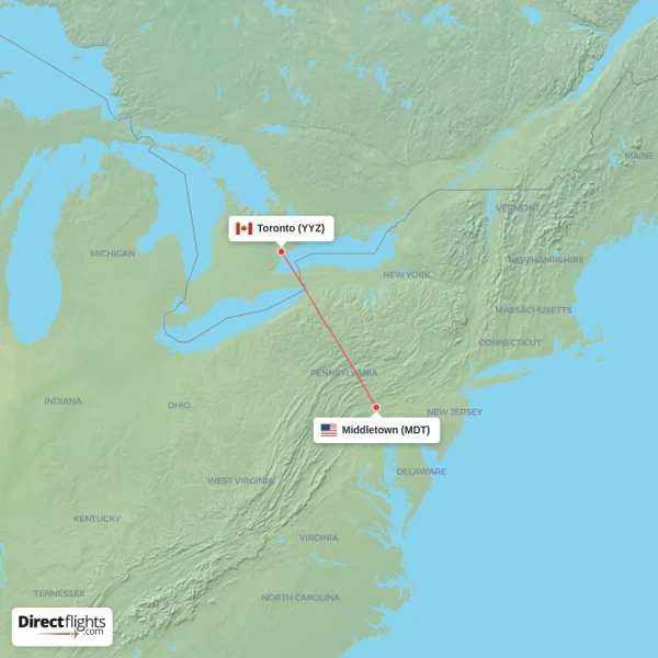 Middletown - Toronto direct flight map