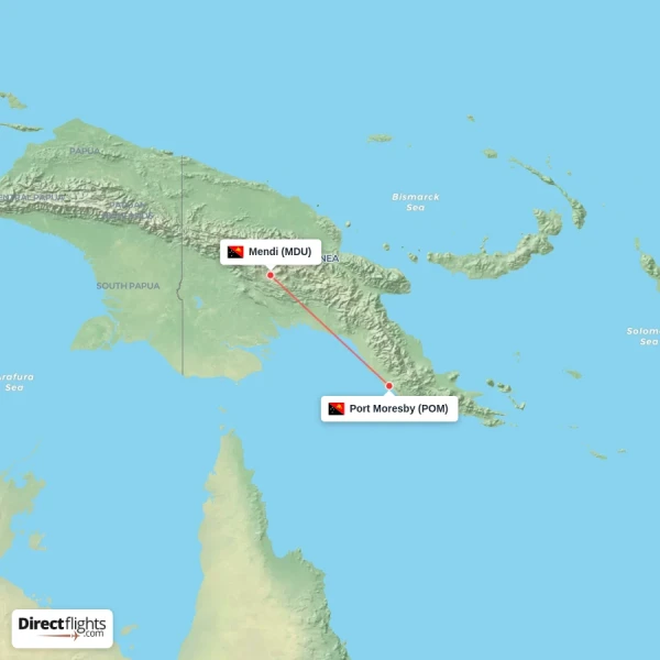 Mendi - Port Moresby direct flight map