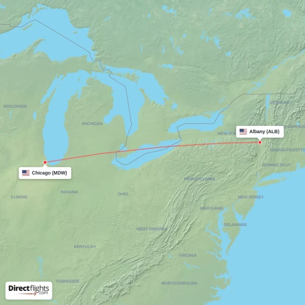 Chicago - Albany direct flight map