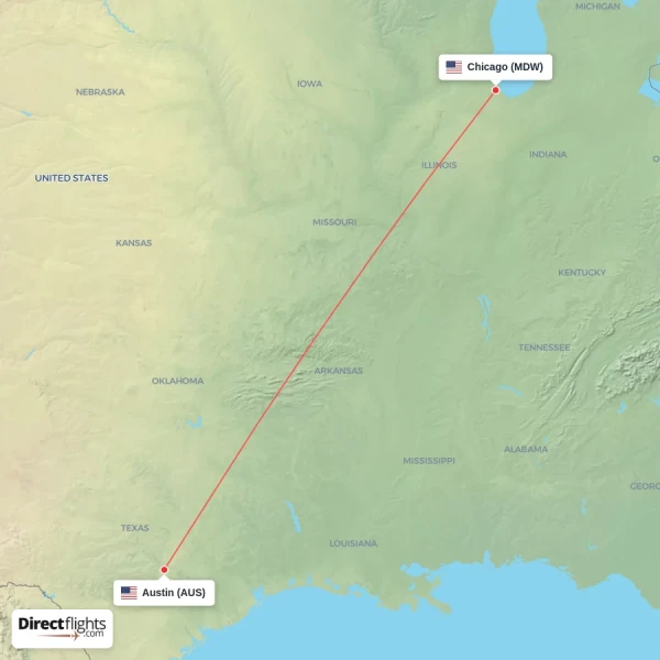 Chicago - Austin direct flight map
