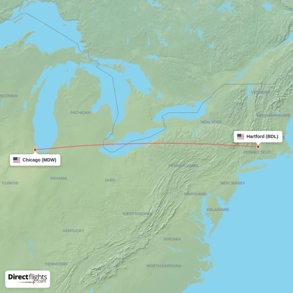 Chicago - Hartford direct flight map