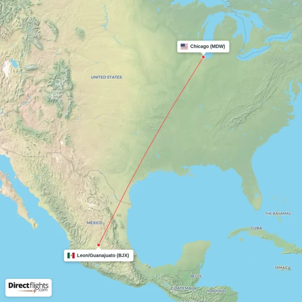 Chicago - Leon/Guanajuato direct flight map