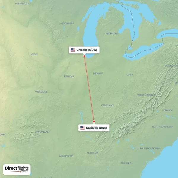 Chicago - Nashville direct flight map