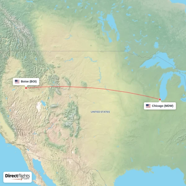 Chicago - Boise direct flight map