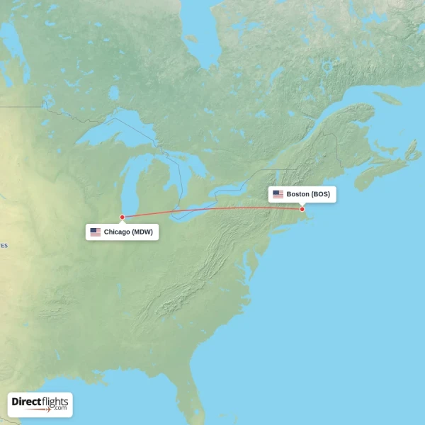 Chicago - Boston direct flight map