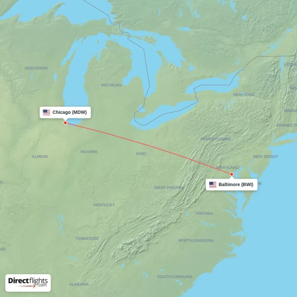 Chicago - Baltimore direct flight map